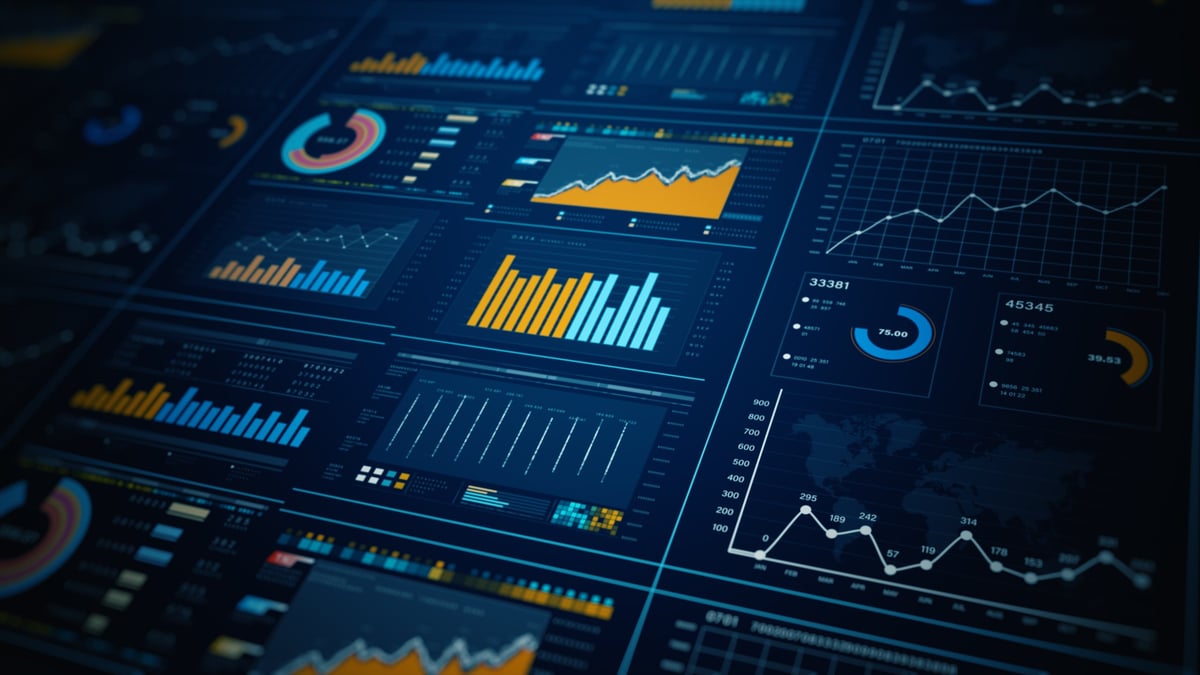 Data analytics dashboard with HUD infographic and financial information reports
