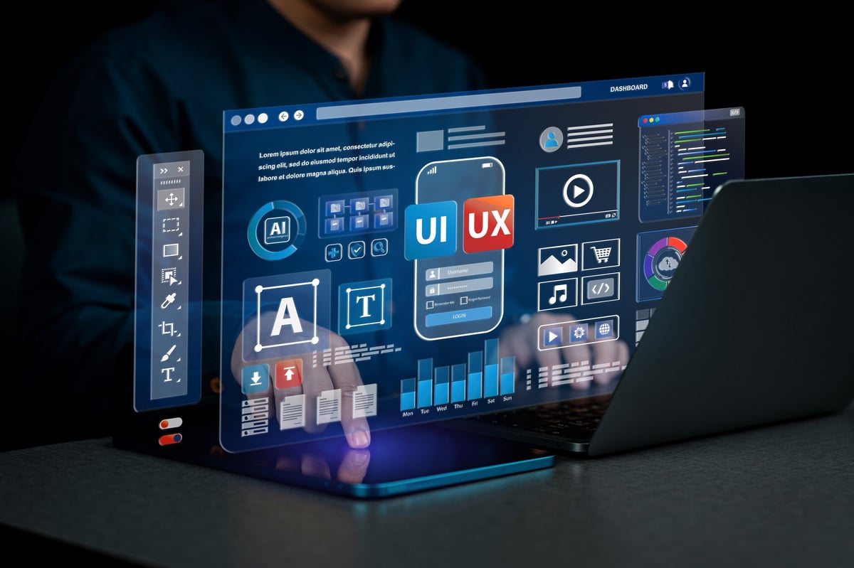Web UI-UX design, web development concept. A web developer works on a website, surrounded by holographic displays of code, icons, and data visualizations.