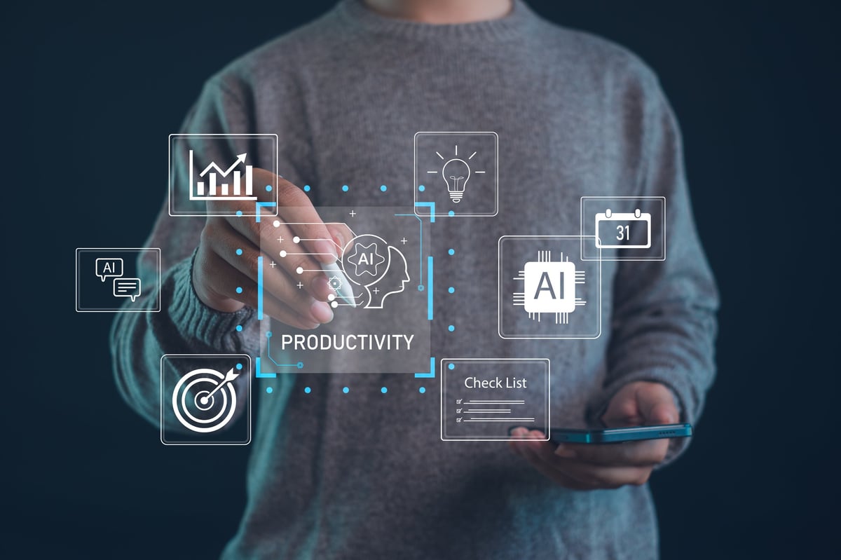 Business person using smartphone with AI productivity dashboard, data analytics, task management, workflow optimization.